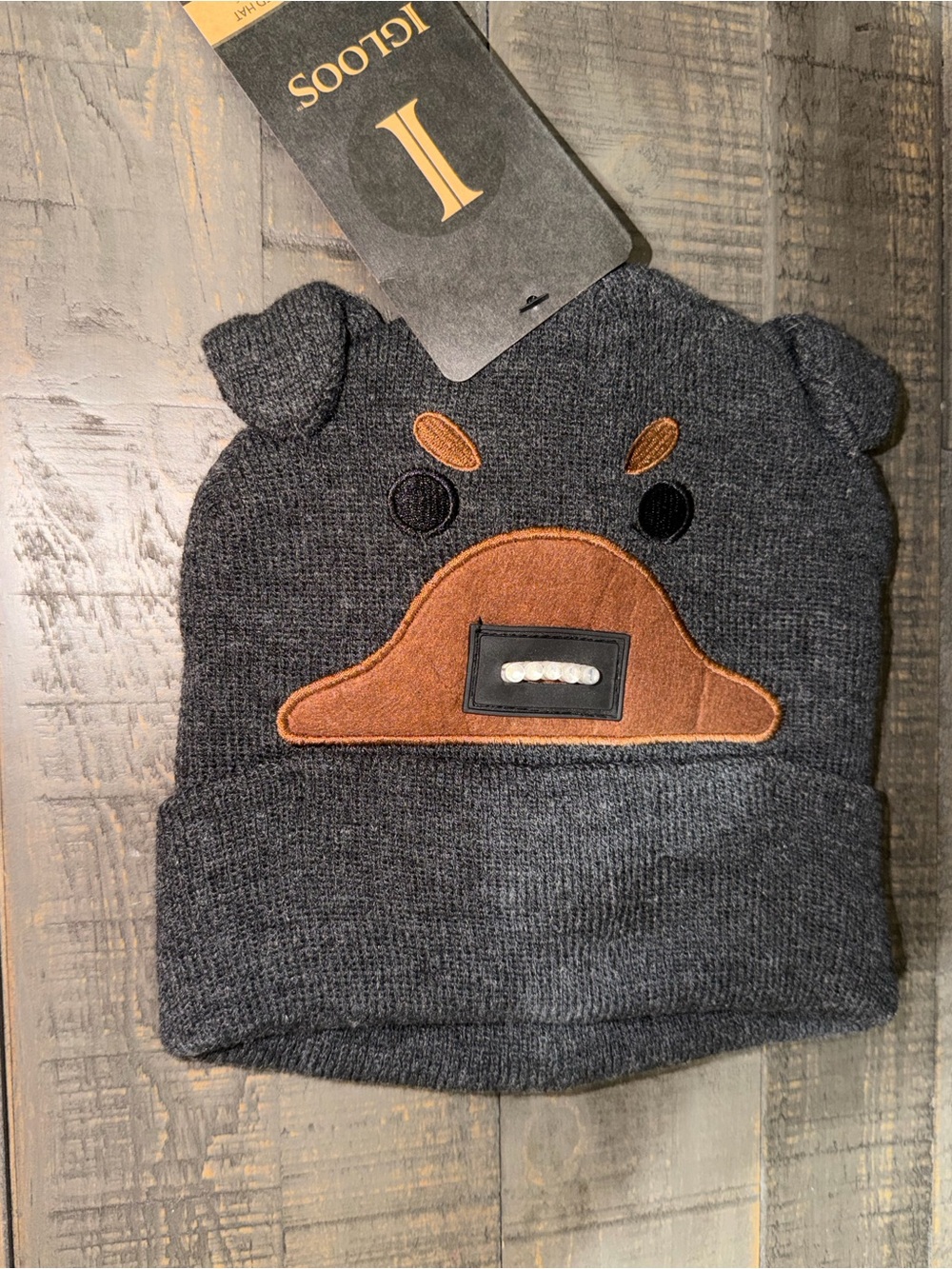 NWT Igloo‎ Kids Dark Gray Bear Beanie with Brown Patch lights up LED
